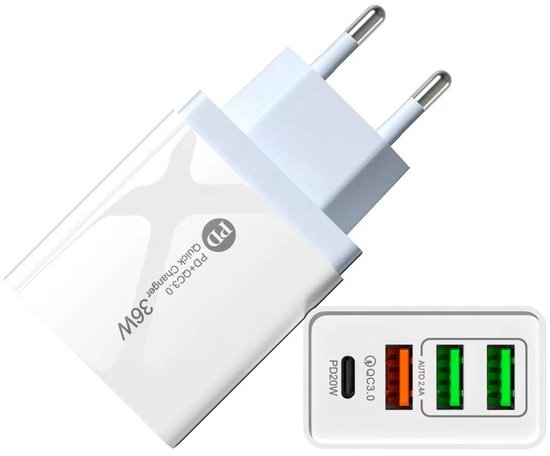 USB Adapter & Type-C Adapter - 4 Multipoorten - USB Stekker - Reisstekker - Snelladen functie - USB-C Stekker - Wit - Wereldstekker - Usb lader