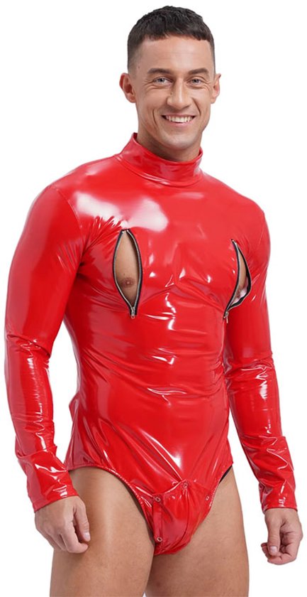 Body Lingerie Homme Cuir Verni - Clubwear - Fermeture Éclair - Catsuit - Rouge - Homme