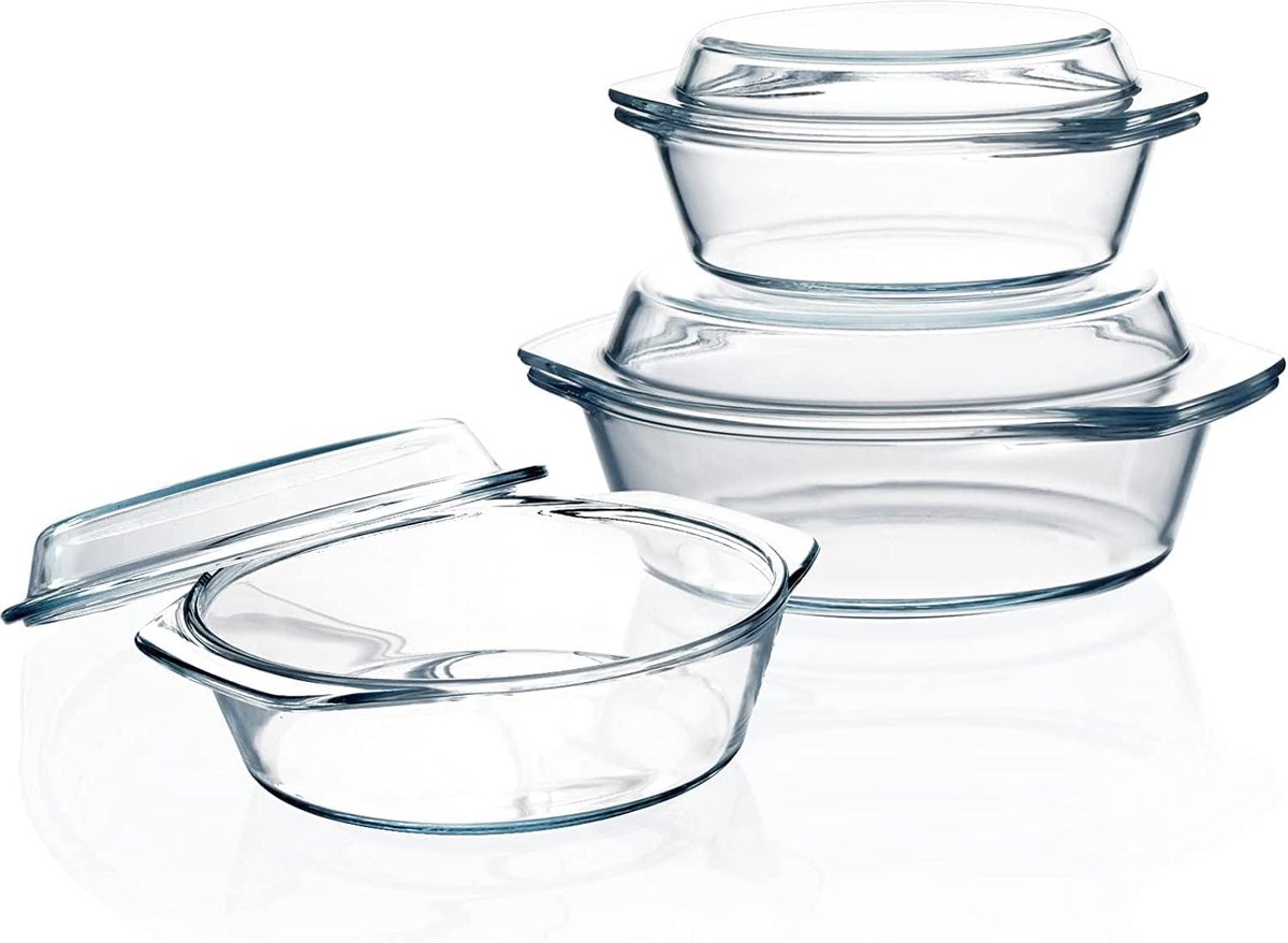 Kleine Braadpannen met Deksel - Set van 3 - 065+1+14L - Magnetronbestendig - Ovenbestendig - Doorzichtige Braadpanset