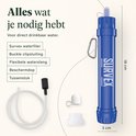 Blauw SURVEX waterfilter, 18 cm lang, met karabijnhaak, dop, slang, en tussenstuk.