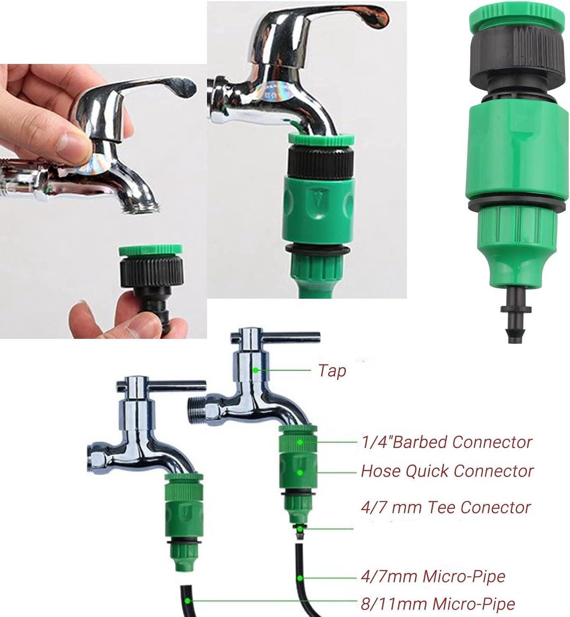 Tuinslangtappunt 1/2 inch en 3/4 inch 2 in 1 buitenschroefdraadtappunt met 4 mm/7 mm en 8 mm/11 mm slang snelaansluiting microIrrigatie accessoires - Set van 5