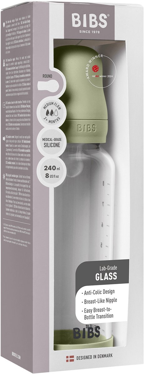 BIBS Fles - Medium Flow - 240 ml - Silicone/Glas - Sage van BIBS — afbeelding 2