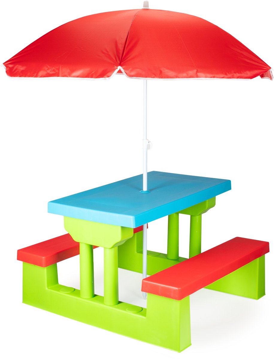 COIL kinderpicknicktafel met banken, parasol, kinderbank en UV-bescherming in groen.