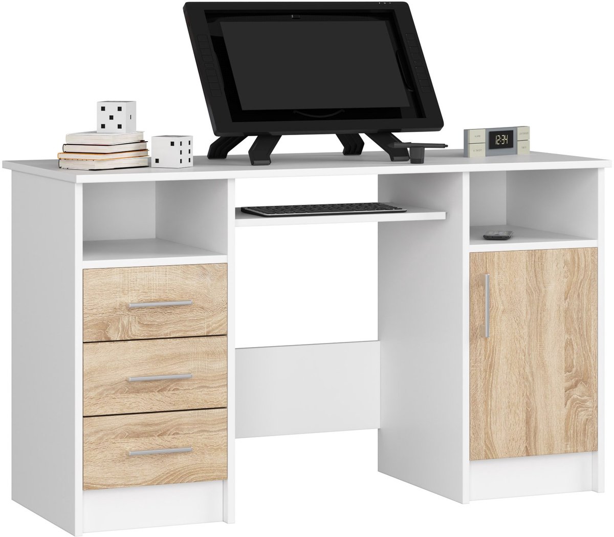 Akord Bureau ANA met 3 Laden / Computerbureau / Computer Tafel / Bureautafel / Wit – Sonoma Eik / 124 x 77 x 52 cm