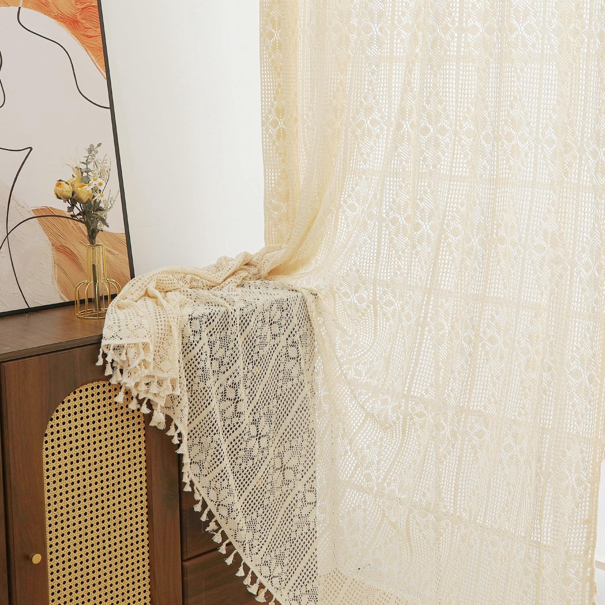 Unyqoos ® Gezellige Beige Gordijnenset met Plooiband en Kwastjes voor Moderne Interieurs - Set van 2 Stuks wit