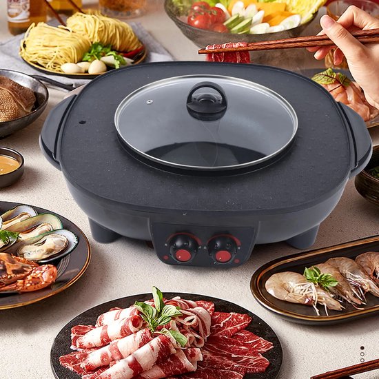 Hotpot Pan - Chinese Fondue - Korean Barbecue - Met Grill - 2 in 1 - Elektrisch - Zwart — afbeelding 4