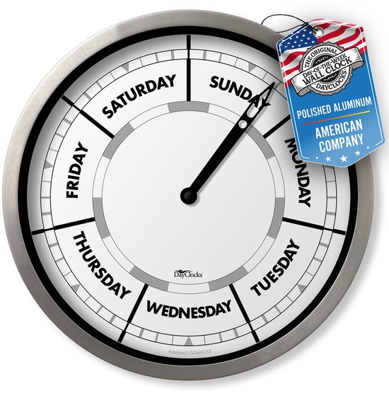 DayClocks Weekdag Wandklok met Aluminium Frame - Kalender Dagklok ...