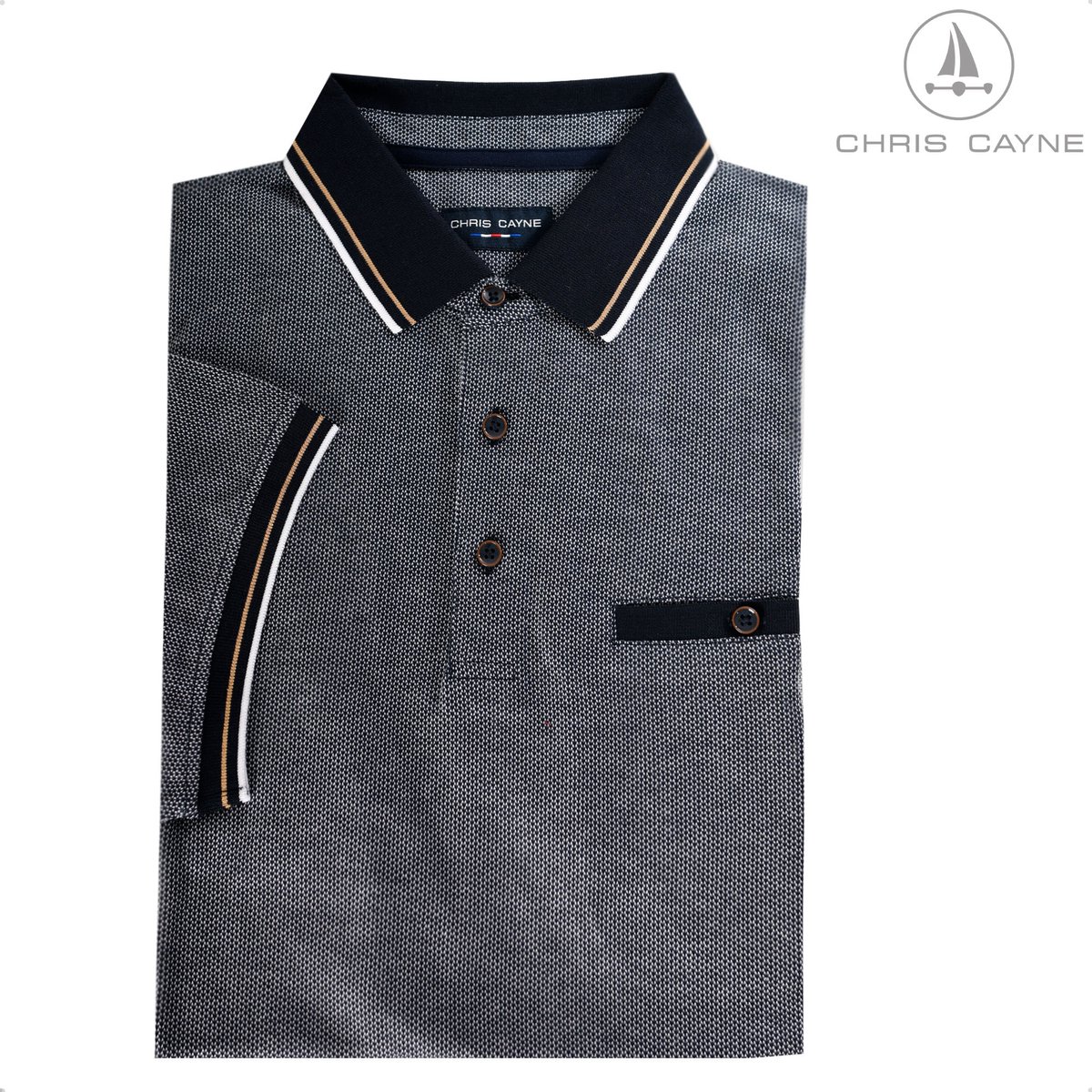 Chris Cayne poloshirt - XL - jacquard dessin - donkerblauw/offwhite - pique - stretch - borstzak - luxe polo - bruine knoopjes