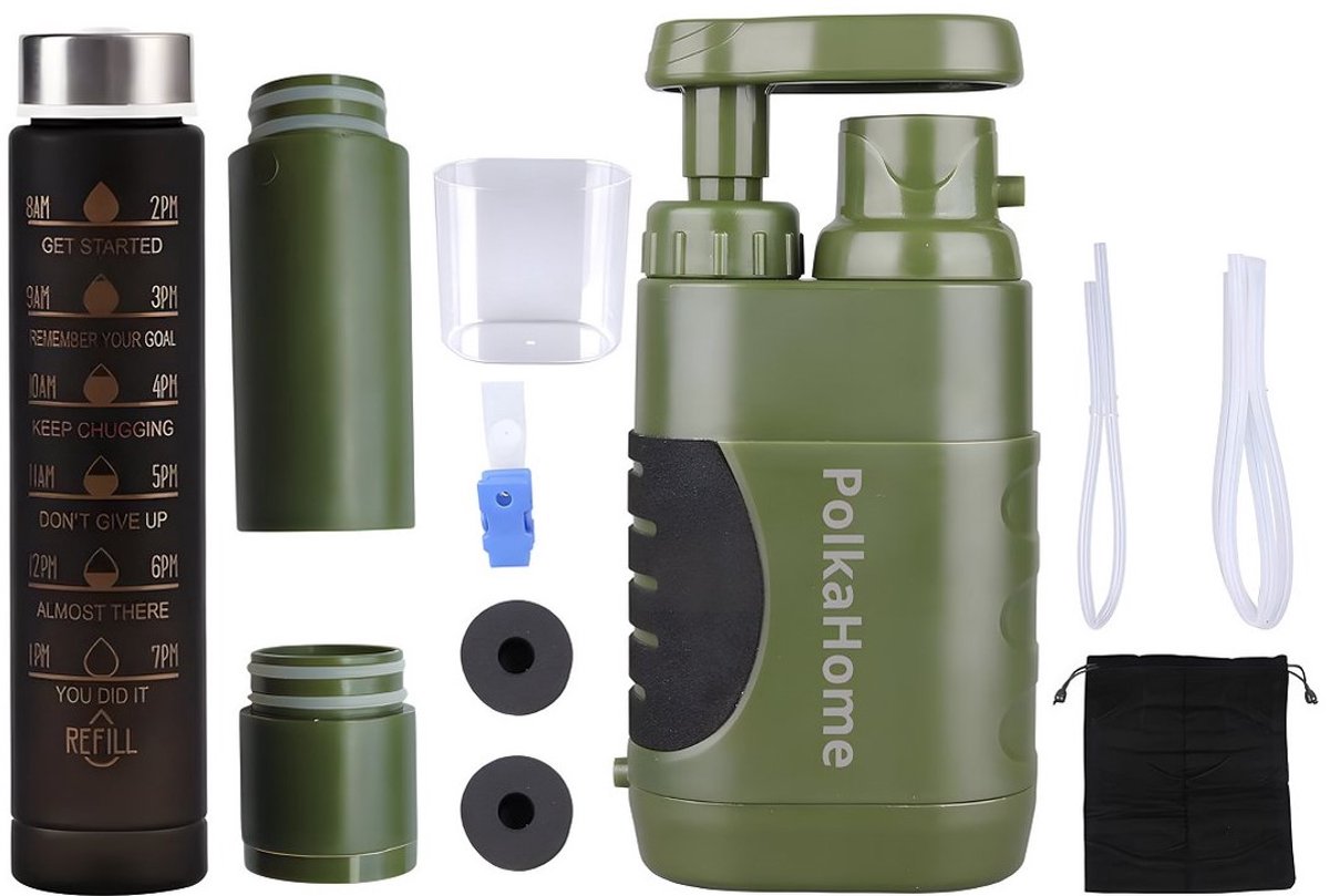 PolkaHome Waterfilter Survival Filtert 10000L - Waterfilter Outdoor - Waterzuivering - Waterzuiveringsapparaat - water filter, Survival Kit, waterfilters noodpakket (inclusief 1 reserve vervangingsfilter + 300ml waterfles) Filtert 10000L