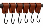 Brute Strength - Leren S-haak hangers - Cognac - 6 stuks - 12,5 x 2,5 cm – Zwart zilver – Leer - handdoekhaakjes - Ophanghaken – kapstokhaak