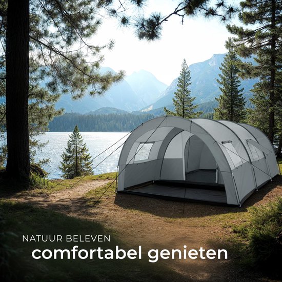 tectake® - Tunneltent voor 6 personen - Familietent op stahoogte - Voortent - Campingtent grote slaapcabine met grondzeil - 4 ramen, waterafstotend, 480 x 350 x 195 cm, donkergrijs/lichtgrijs