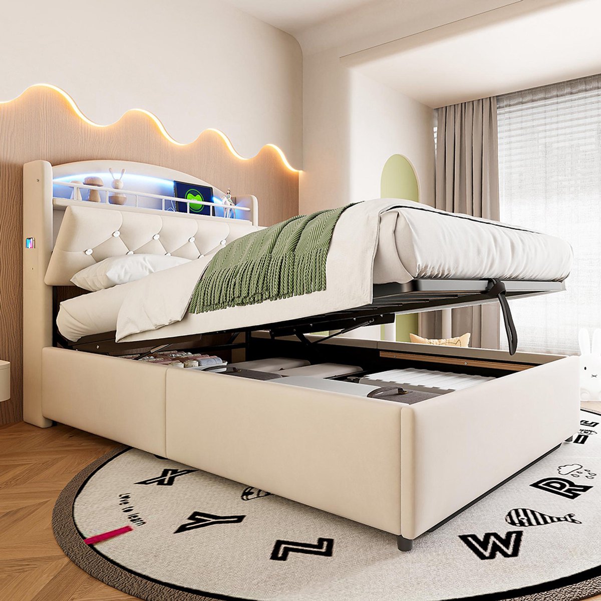 KOMHTOM Kinderbed Chest bed 90x200 fluweel eenpersoons multifunctioneel bed met LED en USB-opbergruimte beige