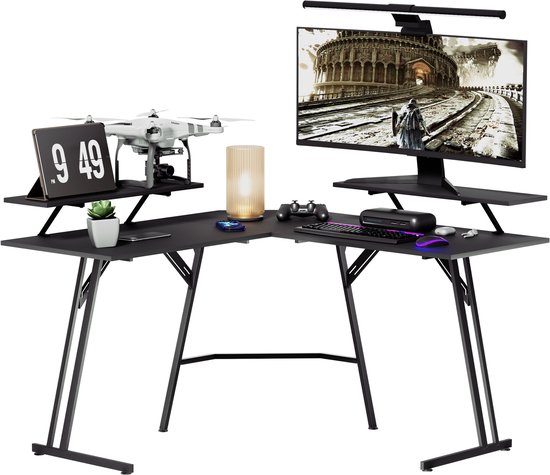Aufun Hoekbureau - Gaming Bureau - 130x73x50 cm - L-vormig - Game Bureau met LED Verlichting - Incl. Monitor Standaard Computer Tafel - Gaming Tafel