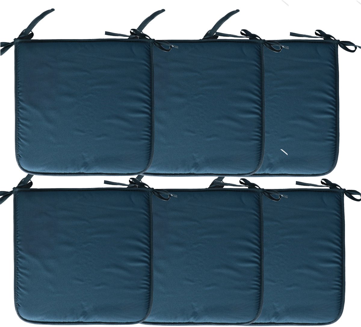 Stof Textile Home stoelkussens - 6x - petrol petrol blauw - 38 x 38 x 3 cm - voor binnen - touwtjes sluiting - zitkussens plat - vierkant