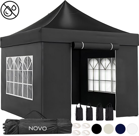 NOVO® Luxe Partytent Opvouwbaar met Zijwanden – Paviljoen - Easy Up – 3x3m – Waterdicht – Verstelbare Hoogte - Zwart