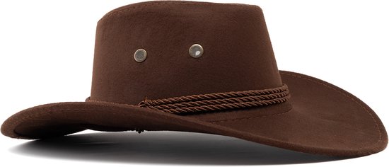 KIMU Cowboyhoed Donkerbruin Suedelook - Lichtgewicht Donkerbruine PU Suede Cowboy Western Hoed Touw Dames Heren - Cowgirl Ranger Yellowstone Carnaval