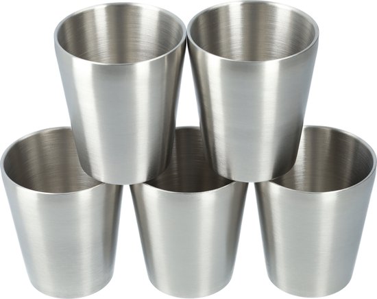 Dubbelwandige RVS beker set - 5 stuks - Roestvrijstalen bekers - Robuust design - Geschikt voor kind - Industriële stijl - RVS - Zilver - 300ml