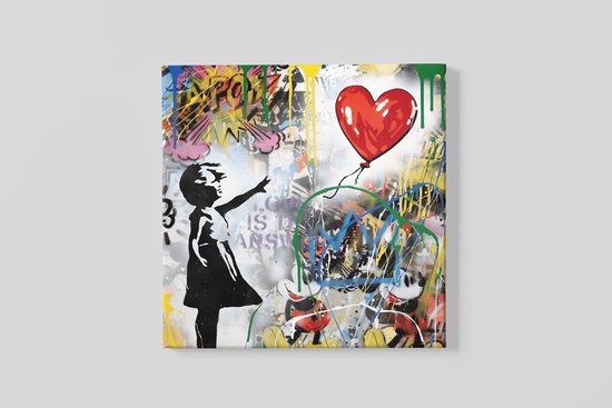 Vierkant Canvas Schilderij - Banksy Art - Meisje en Ballon - Graffiti Art - 100x100x2 cm