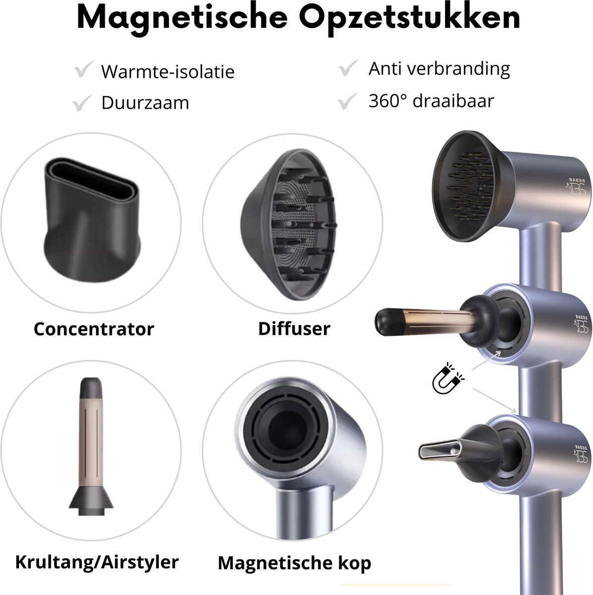 BAESS Föhn met Diffuser - Ionische Haardroger - Krullen - 8 Standen - Hair dryer - Haarföhn - Reisföhn - Coolshot - Platina thumbnail 4