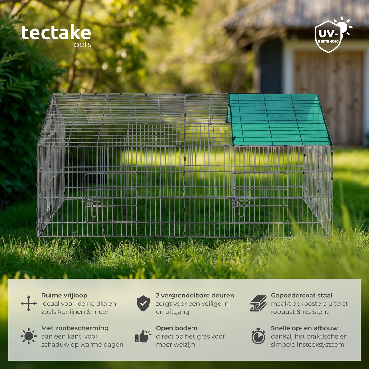 tectake® Konijnenverblijf - Konijnenren - Buitenverblijf met 2 afsluitbare deurtjes - Met zonwering - 180 x 75 x 75 cm - Snelle montage, verschillende maten mogelijk - Diverse kleuren - Groen thumbnail 2