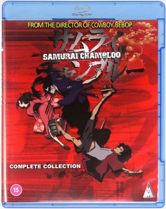 Complete collectie Blu-ray van Samurai Champloo, met anime-personages in actie op rode achtergrond.
