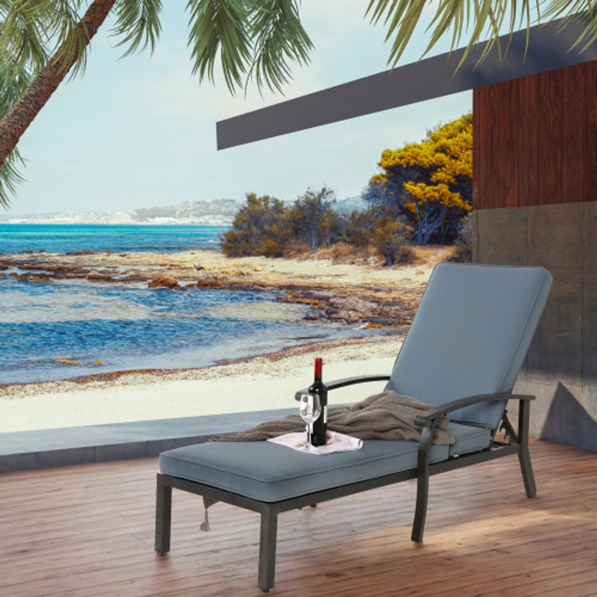 Lounge Patio Stoel met Katoenen Kussen, Verstelbare Ligstoel met Roestwerende Aluminium Ligstoel voor aan het Zwembad, Waterbestendig Blauw Kussen (1 st.)