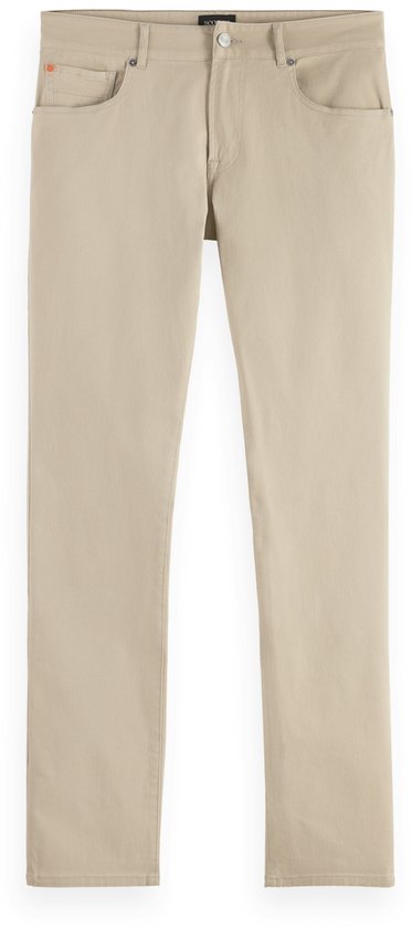 Beige herenbroek met vijf zakken en knoopsluiting, vooraanzicht.