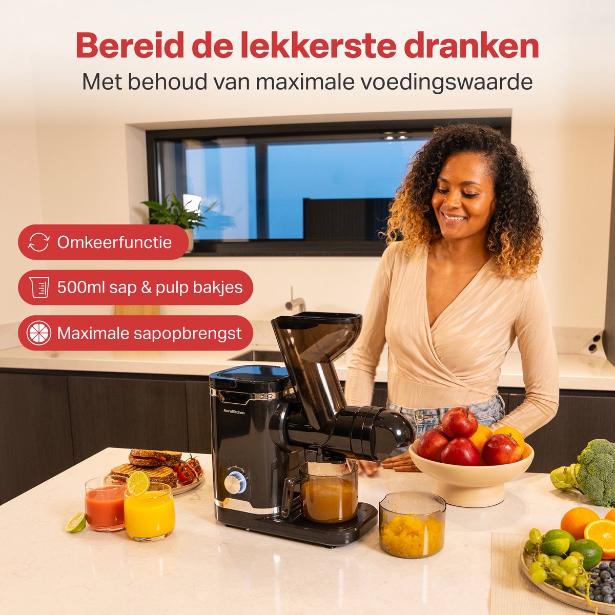AoraKitchen Slowjuicer - Omkeerfunctie, 90% sapopbrengst thumbnail 8