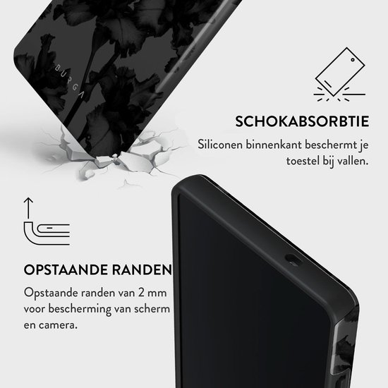 Zwarte telefoonhoes met bloemenprint, schokabsorberend en opstaande randen.