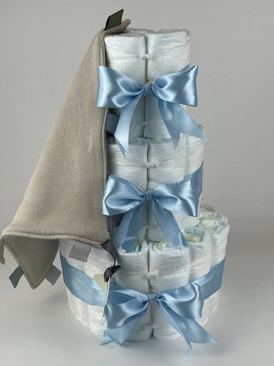 Chouette-Chouette | Luiertaart Jongen | Kraamcadeau | Geboorte Jongen | Babyshower | Knuffeldoek Labels Cream - Blauw