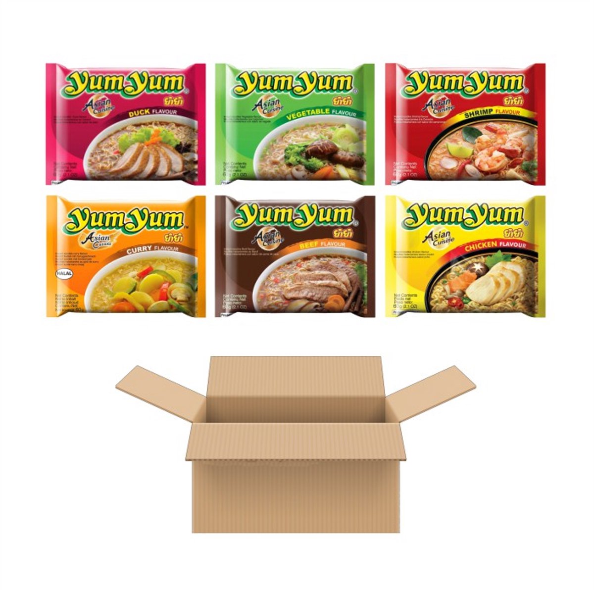 Instant Noedels/Noodles 6 Soorten Yum Yum (Kip, eend, garnaal, groente, rund, kerrie) (30x 60 Gram)