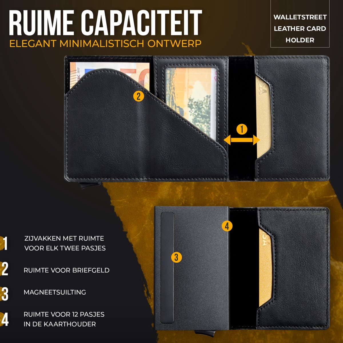 Walletstreet™ Leren Pasjeshouder met Rits – RFID Anti-Skim Portemonnee Heren & Dames – Uitschuifbare Cardholder – 12 Pasjes + Briefgeld – Compacte Luxe Creditcardhouder – Magneetsluiting – Cadeau voor Mannen en Vrouwen – Zwart — cadeau in Mode & Accessoires - foto 3