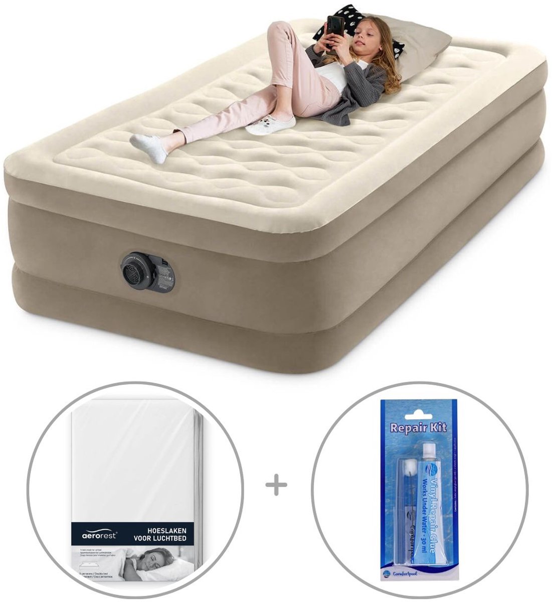 Intex Twin Ultra Plush Luchtbed met ingebouwde pomp | Eenpersoons | 191 x 99 x 46 cm | Inclusief reparatiekit + hoeslaken
