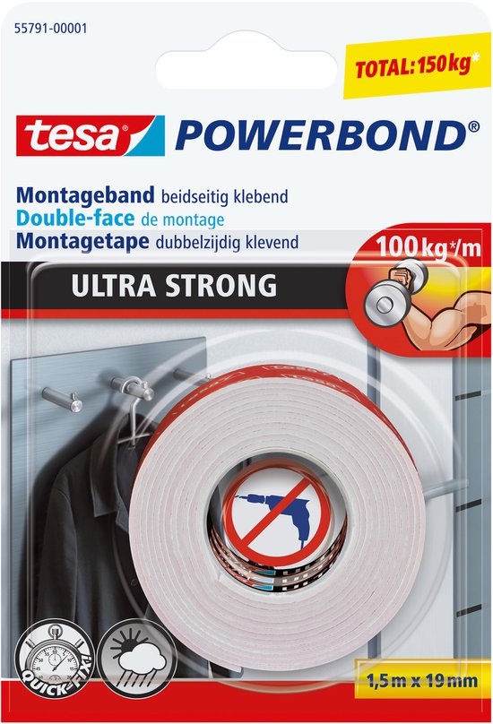 Tesa Powerbond montagetape - extra sterk - 19 mm x 1,5 m - Dubbelzijdige tape - Klustape
