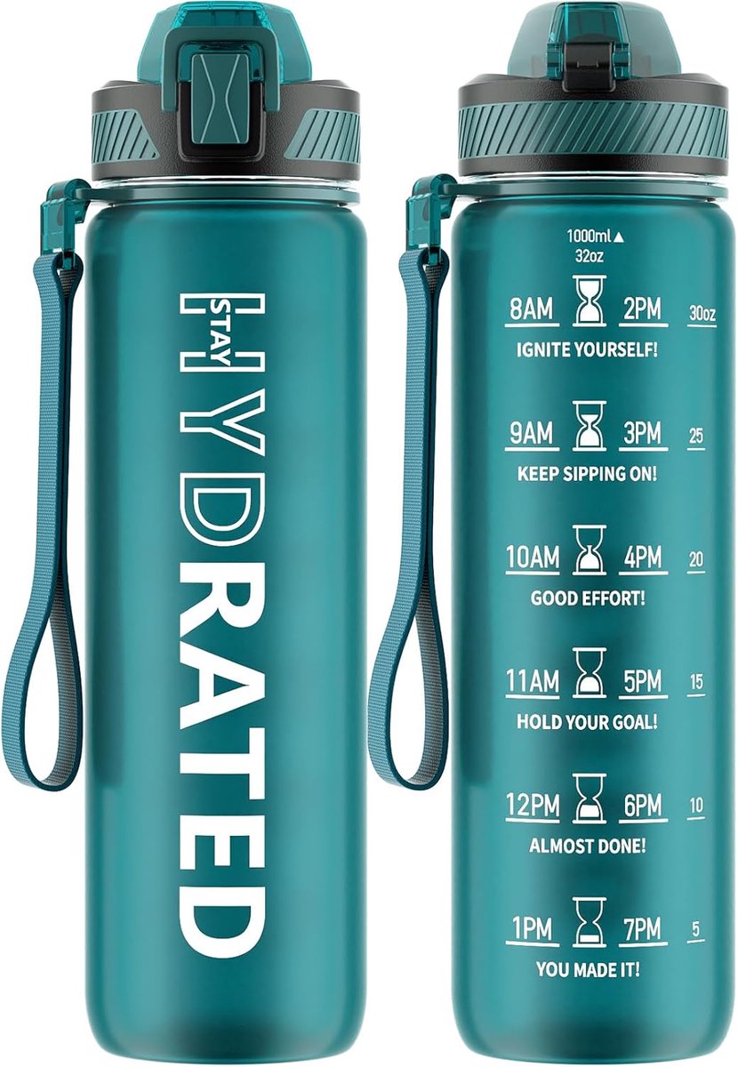 Waterfles, 1 liter/750ML sport drinkfles met rietje en tijdsaanduiding, BPA-vrij Tritan lekvrije drinkfles, sportfles voor fitness, school, yoga, buiten op Prijzenvolger.com