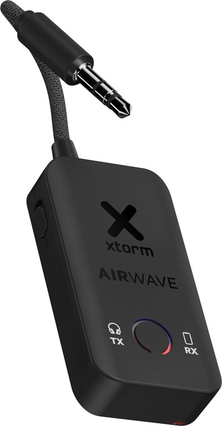Xtorm AirWave – Bluetooth Transmitter 3.5 mm - Wireless Audio Adapter – Reizen – Vliegtuig – Geniet van In-Flight Entertainment met Draadloze Hoofdtelefoons – Koppel Twee Sets Draadloze Hoofdtelefoons voor Gedeeld Luisteren - Zwart