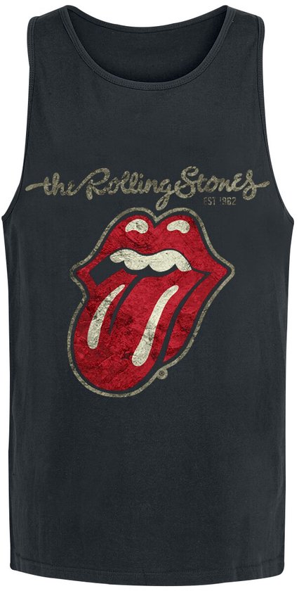 Zwarte tanktop met de iconische rode Rolling Stones tong met 'the Rolling Stones EST 1962' in gouden letters.