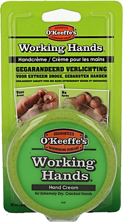 O'Keeffe's Working Hands Handcrème in verpakking met voor-en-na foto's van handen. De pot is groen met oranje letters.