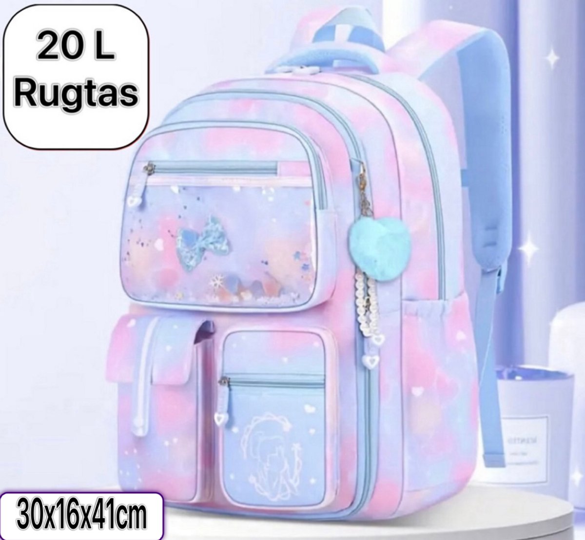 Twenty Two schooltas met sleutelhanger voor meiden/tieners | rugtas voor school/brugklas |30x16x41cm| 8 vakken |20L| grote capaciteit van verdikte Oxford-stof/scheurvast S-vormige verstelbare schouderriem/reflecterende strepen |lichtblauw/roze/blauw