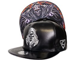 Capiche® Snapback Pet – Robot Reaper – Zwart Kunstleer & Zilver Borduursel – Verstelbaar met Druksluiting – Druksluiting is Diamantvormig – Pet Mannen – Futuristische Pet Robot Collectie