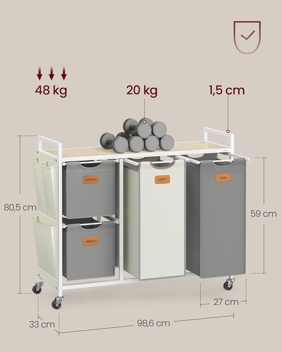 Vasagle Wasmand - 4 compartimenten - Naturel beige/Duifgrijs/Crèmewit