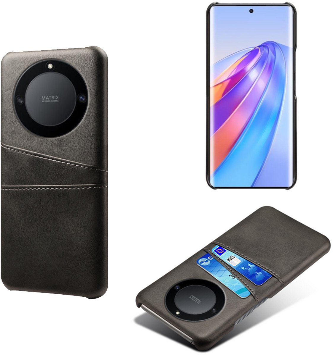Backcover met Opbergvakjes + Glas Screenprotector voor Honor Magic 6 Lite _ Zwart