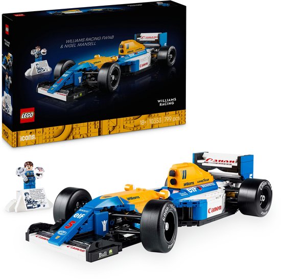 LEGO Williams Racing FW14B set met raceauto en Nigel Mansell minifiguur.