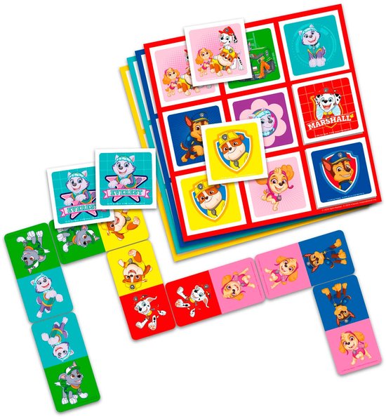 Stapel kaarten met Paw Patrol-personages, inclusief Ryder, Chase, Marshall, Skye en Everest, met spelbord met 9 vakjes.