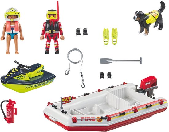 Onderdelen van de PLAYMOBIL brandweerboot set: waterscooter, boot, reddingshond, duiker, figuur.