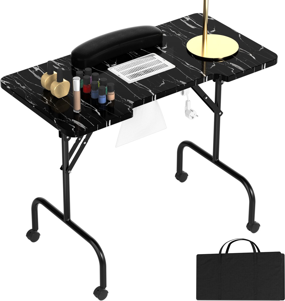 Manicuretafel, opvouwbaar, met afzuiging, manicuretafel, draagbaar, met wielen en boodschappentas, nagelstudio, tafel met stofafzuiging, mobielsmanicuretafel, draagbare manicuretafel tot 40 kg,