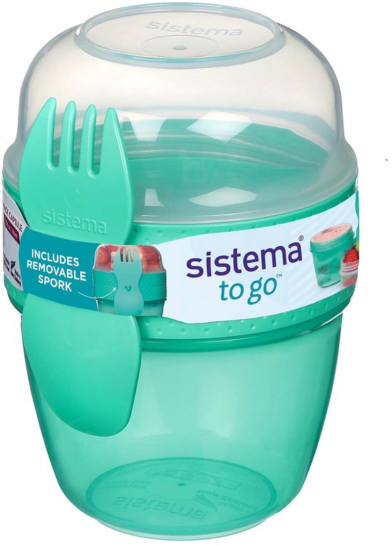 Capsule à collation Sistema vert menthe avec cuillère/fourchette et emballage.