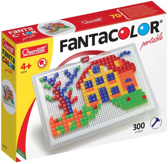 Doos met Quercetti Fantacolor portable mozaïekspel, met huisje afgebeeld, 300 stuks.