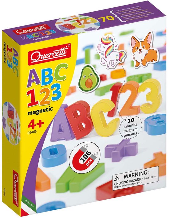 Doos met Quercetti magnetische letters en cijfers, met afbeeldingen van een eenhoorn, corgi, avocado, sushi, watermeloen en donut.
