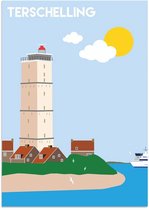 DesignClaud Terschelling - Waddeneilanden - Nederland - Vuurtoren - Texel poster A3 + Fotolijst wit